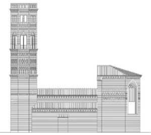 RECREACIÓN DE ALZADO ENTRE 1200 Y 1300 SEGÚN J. PEÑA. De izquierda a derecha, el alminar, la mezquita y el ábside dotado ya de la altura que proyectan para el futuro templo.