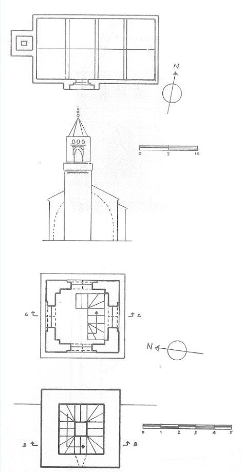 De arriba abajo, planta del conjunto Torre - Iglesia Santa María de La Viñuela, alzado oeste y plantas de la torre. Dibujos A. Sanmiguel.