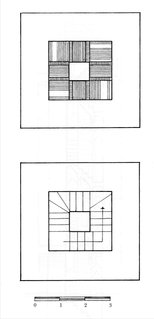Planta con proyección de techos (arriba) y proyección de peldaños (abajo). Dibujo A. Sanmiguel.